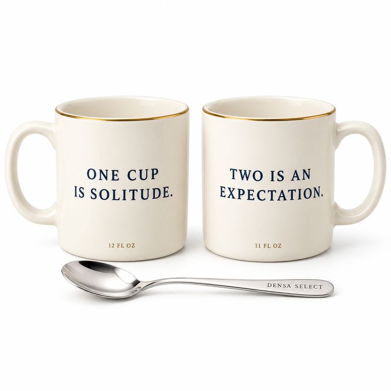 Two cream mugs with gold rims, one reading ONE CUP IS SOLITUDE and the other TWO IS AN EXPECTATION, with a single teaspoon.