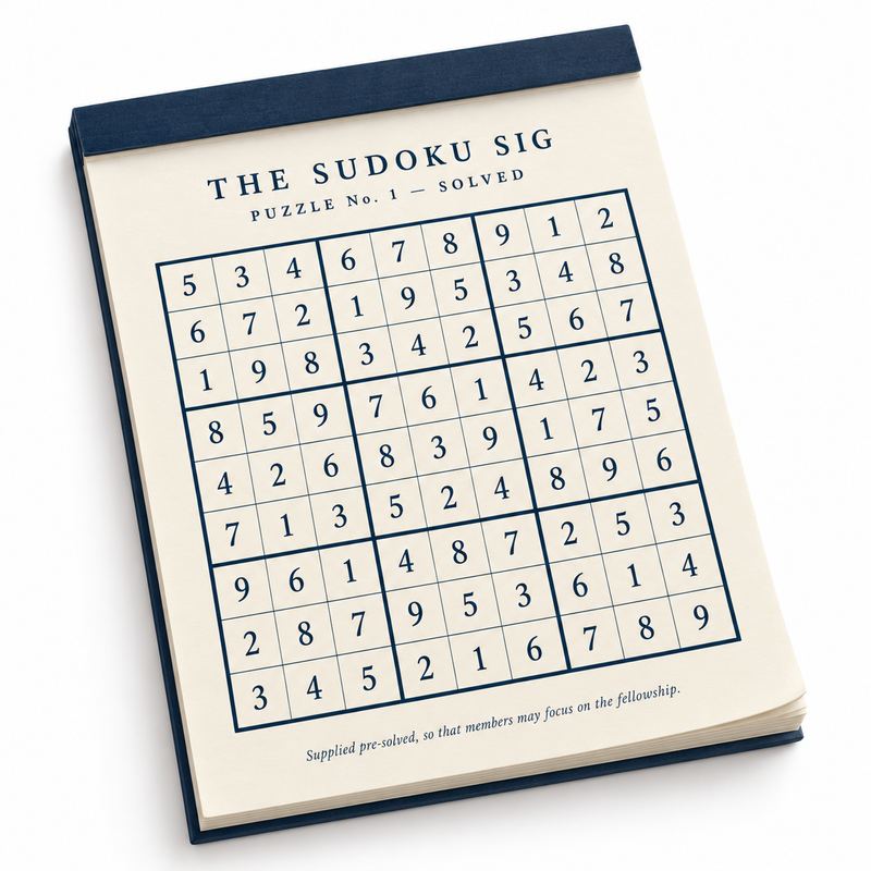 A cream tear-off pad headed THE SUDOKU SIG, Puzzle No. 1 — Solved, showing a completed grid.