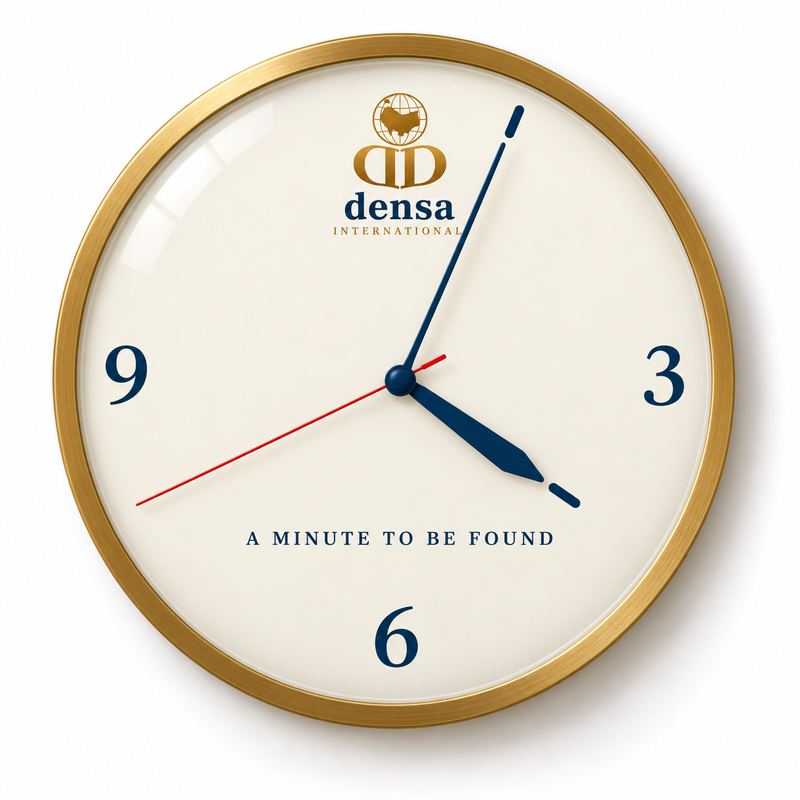A brass-rimmed wall clock with a cream dial, the Society's mark at twelve, the numerals 3, 6 and 9, a thin red second hand, and the words A MINUTE TO BE FOUND.