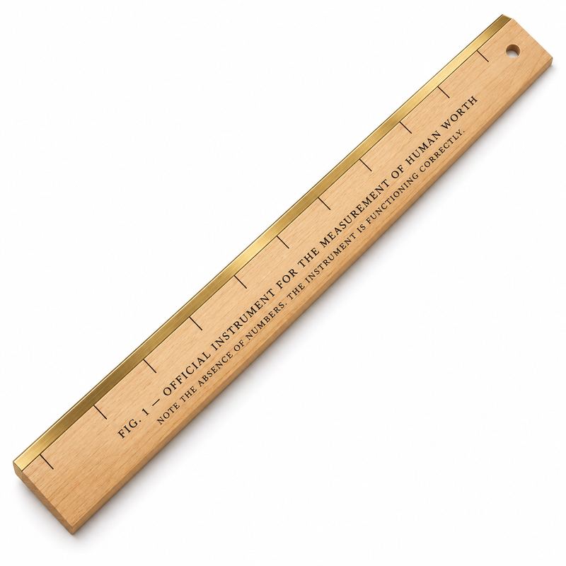 A twelve-inch hardwood ruler with a brass edge and a hanging hole, its inch-lines marked but bearing no numbers, imprinted FIG. 1 — OFFICIAL INSTRUMENT FOR THE MEASUREMENT OF HUMAN WORTH.