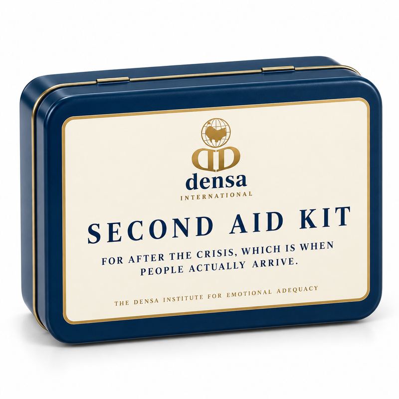 A small navy tin with a cream label reading SECOND AID KIT — for after the crisis, which is when people actually arrive — issued by the Densa Institute for Emotional Adequacy.