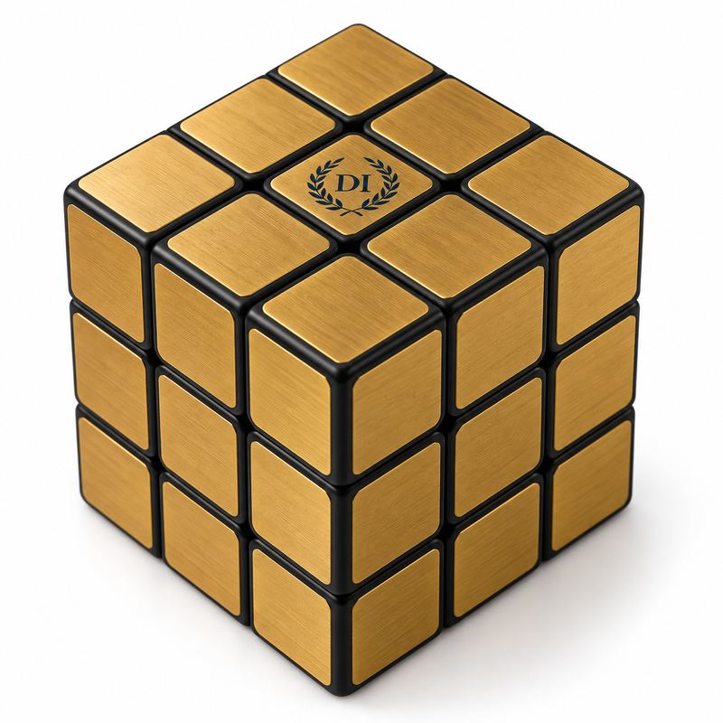 A puzzle cube with every one of its fifty-four tiles in the same brushed gold, bearing the DI seal on one face.