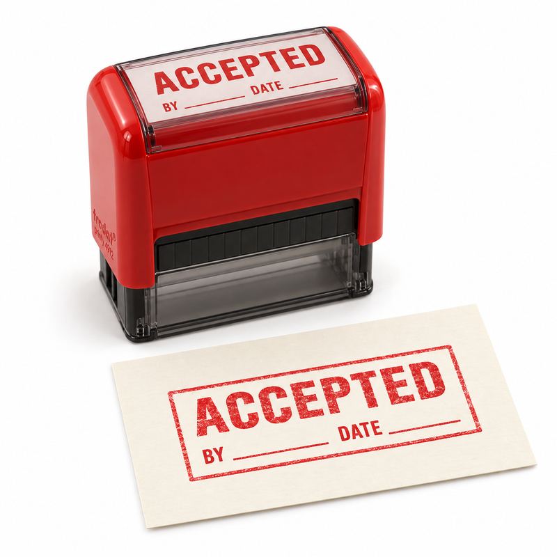 A red self-inking office stamp beside a cream card bearing its impression: ACCEPTED, with lines for BY and DATE left blank.