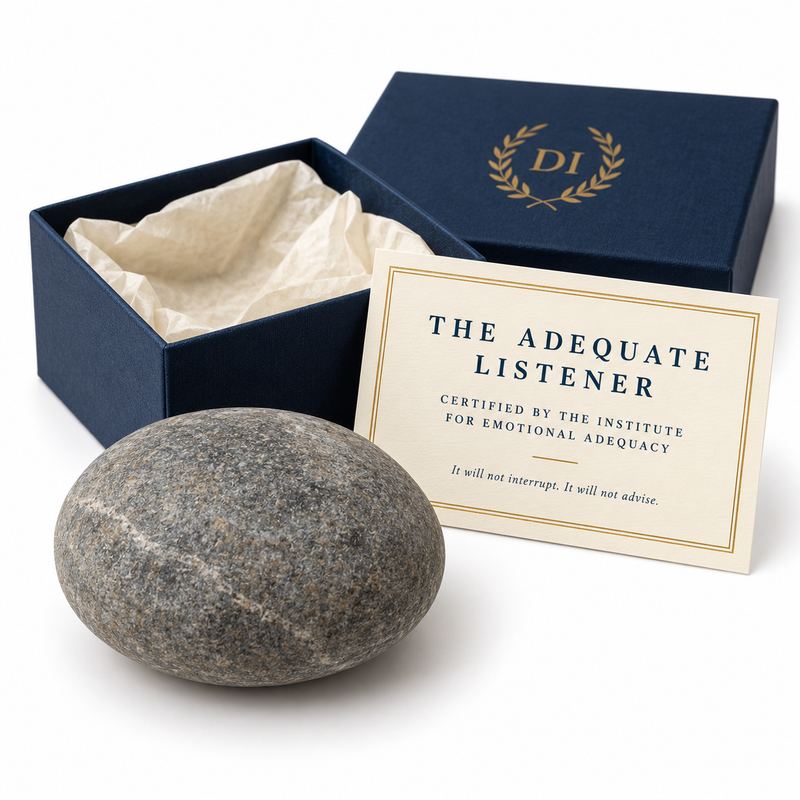 A smooth grey river stone in a navy presentation box, with a cream card certifying it as THE ADEQUATE LISTENER.