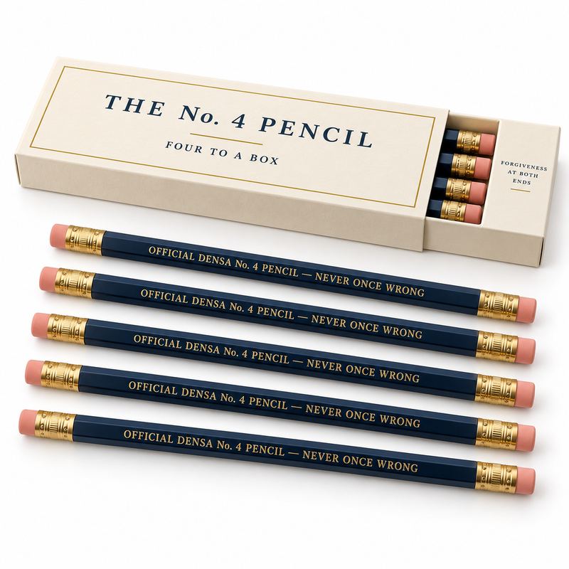 A cream box reading THE No. 4 PENCIL, FOUR TO A BOX, with five navy pencils beside it, each with an eraser at both ends and no point.