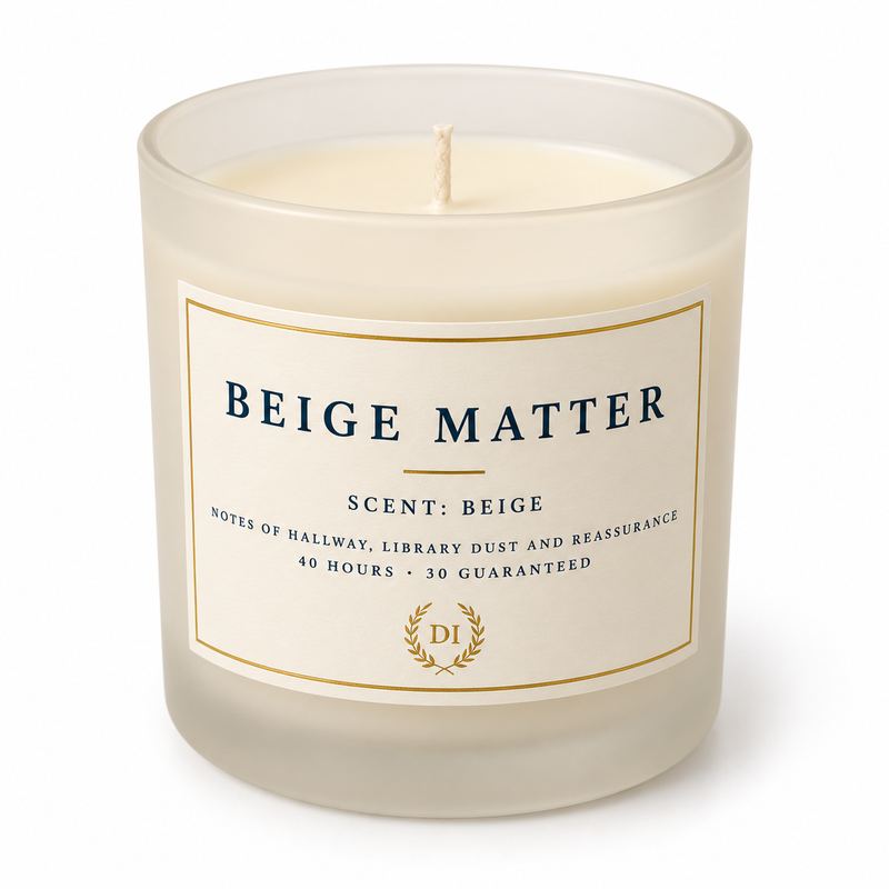 A frosted cream glass candle labelled THE BEIGE MATTER CANDLE, scent: Beige.