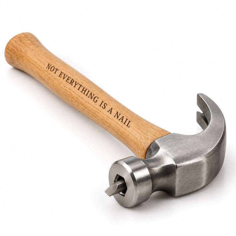 A hickory-handled hammer whose striking face is a flat screwdriver blade, engraved NOT EVERYTHING IS A NAIL.