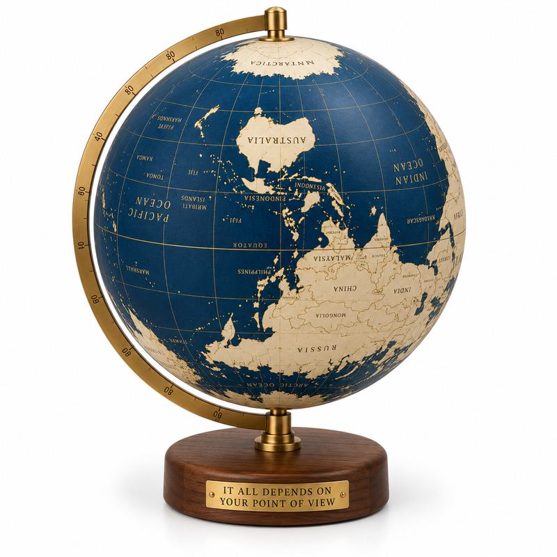 An accurate desk globe with navy oceans and cream continents, mounted in its brass meridian ring with the south pole at the top, on a walnut base with a brass plate reading IT ALL DEPENDS ON YOUR POINT OF VIEW.