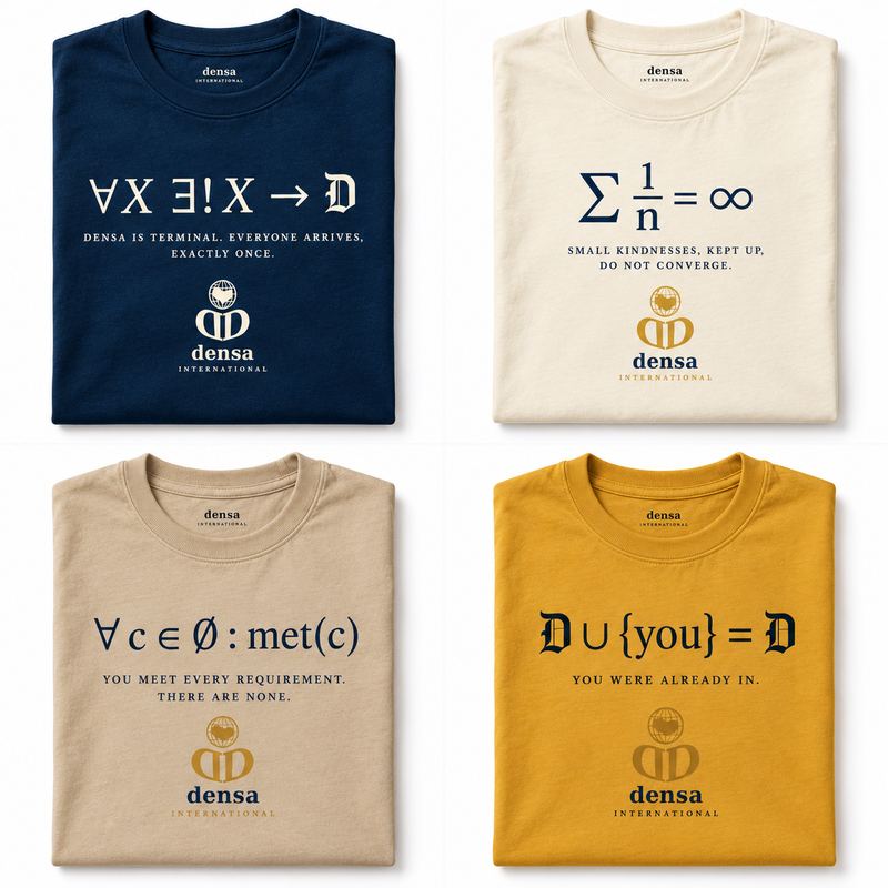 Four folded T-shirts in a two-by-two panel — navy, cream, sand and harvest gold — each printed with a line of mathematical notation, its caption, and the Society's mark.