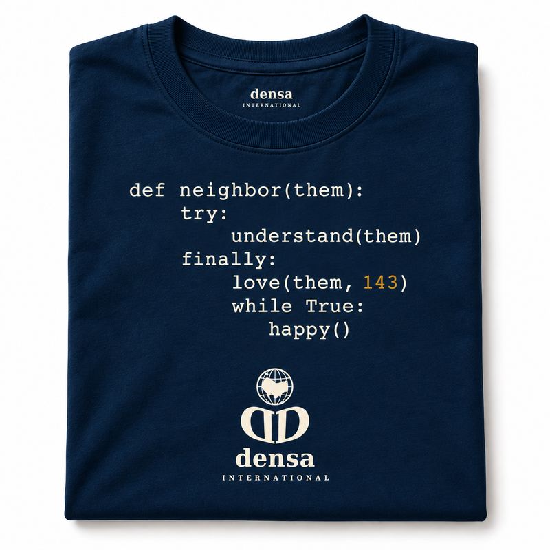 A folded navy T-shirt printed with seven lines of Python in a typewriter face — def neighbor(them): try: understand(them) finally: love(them, 143) while True: happy() — above the Society's mark.