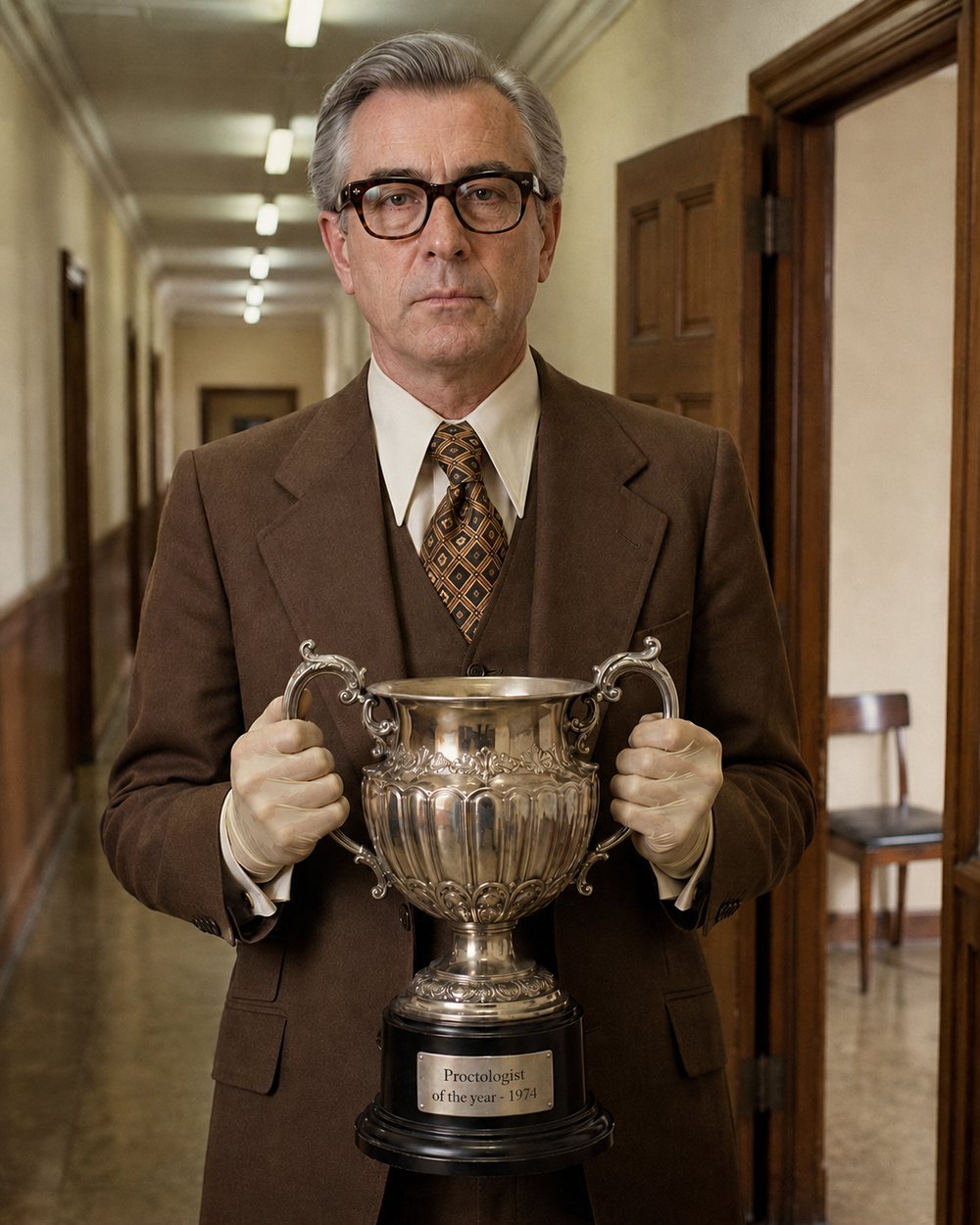 A society officer in a 1974 brown three-piece suit standing in a corridor, holding a large silver trophy in both hands while wearing surgical gloves.