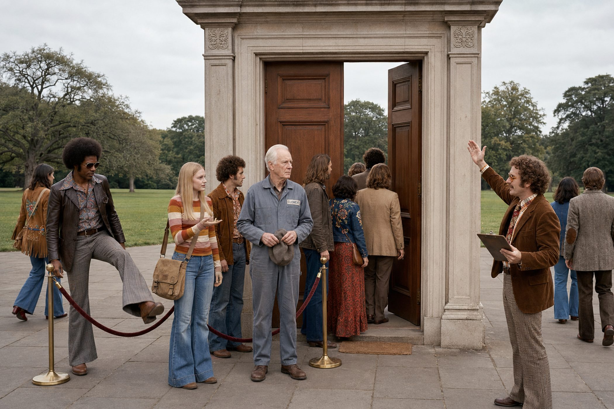 A grand doorway standing free in an open forecourt with no building attached; people walk through it and around it, all admitted.