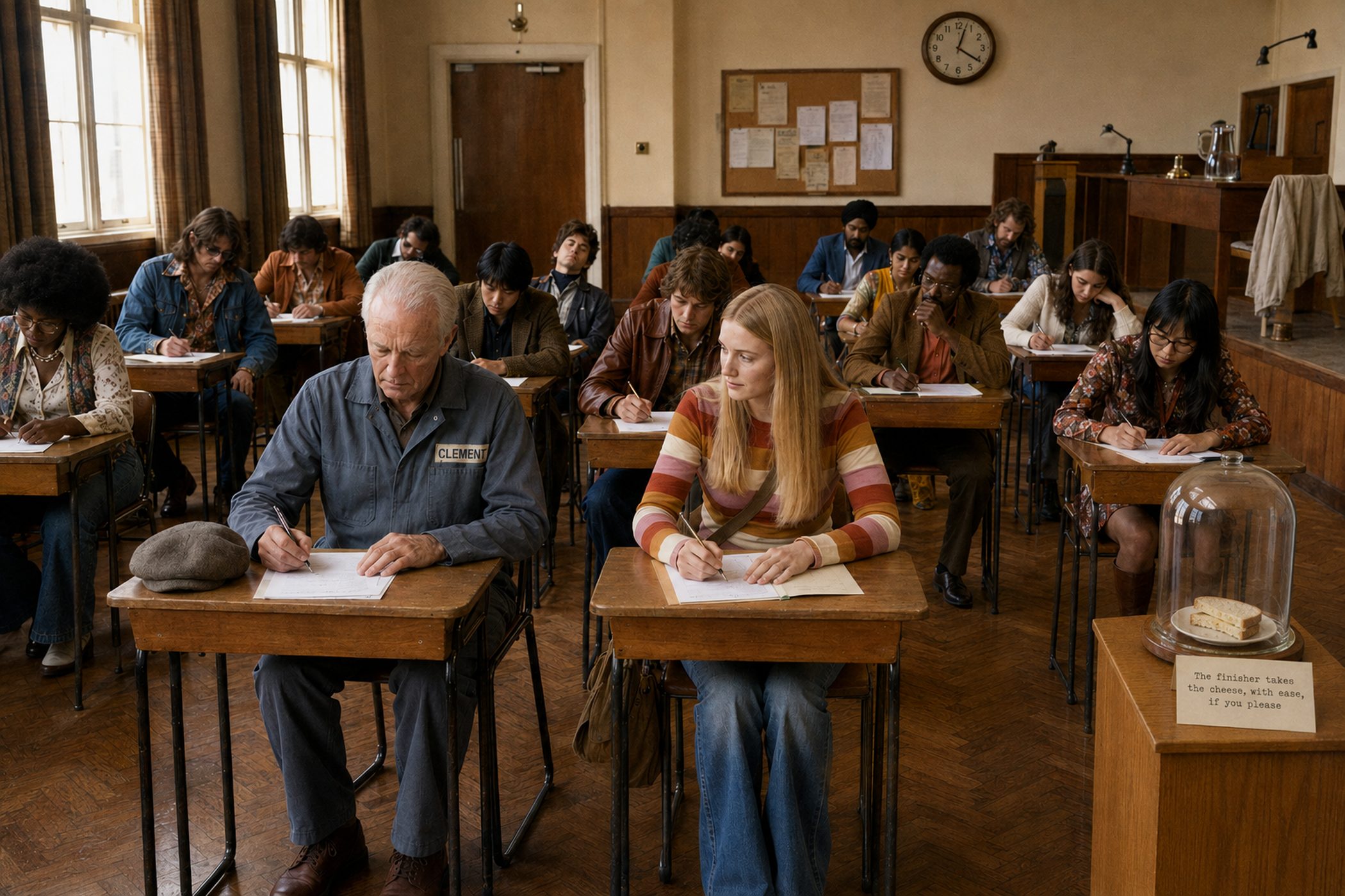 Candidates sitting an examination in a school hall in 1974; the invigilator's chair is pushed back and empty.