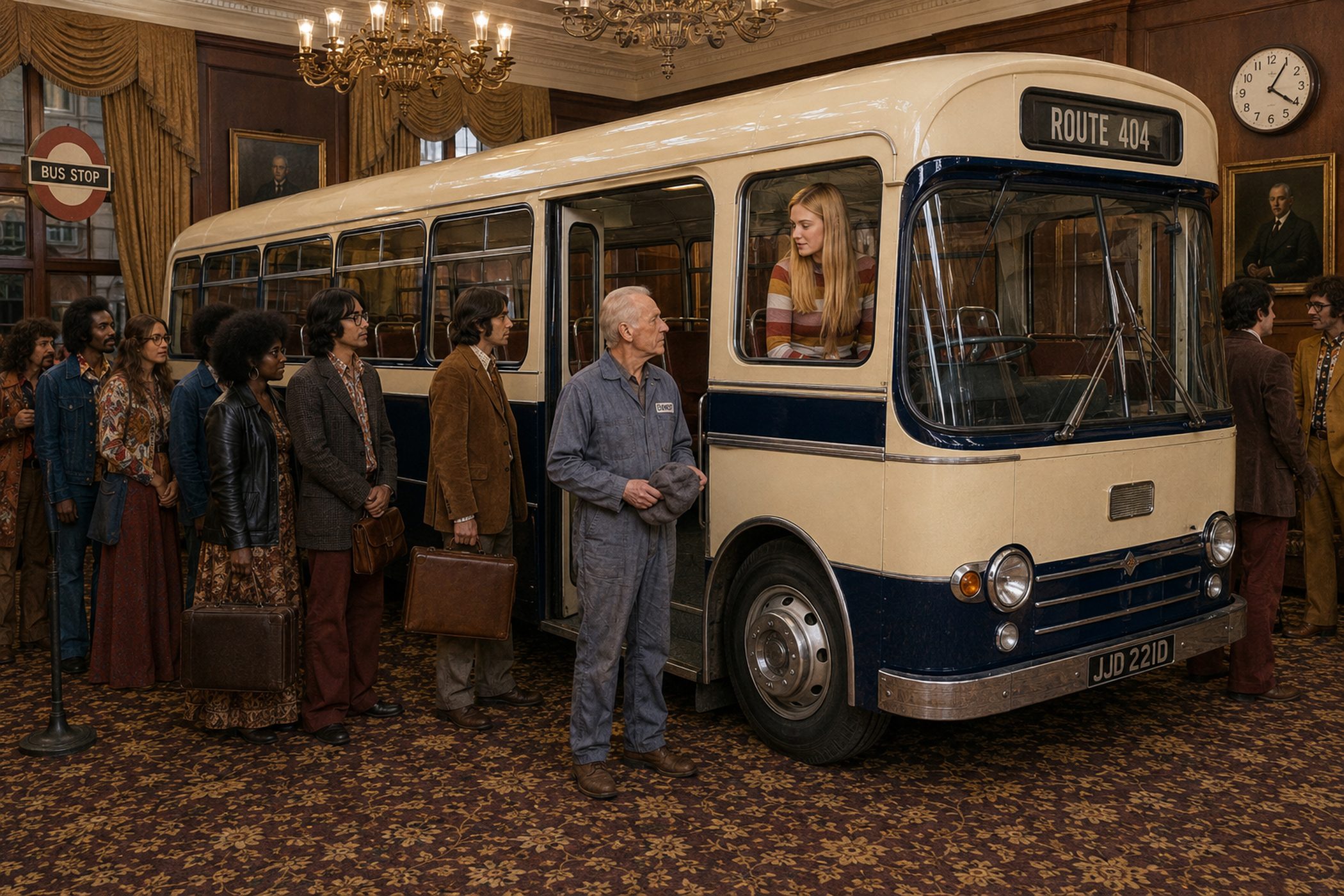 A single-deck coach parked indoors in a panelled committee room in 1974, with passengers boarding cheerfully.
