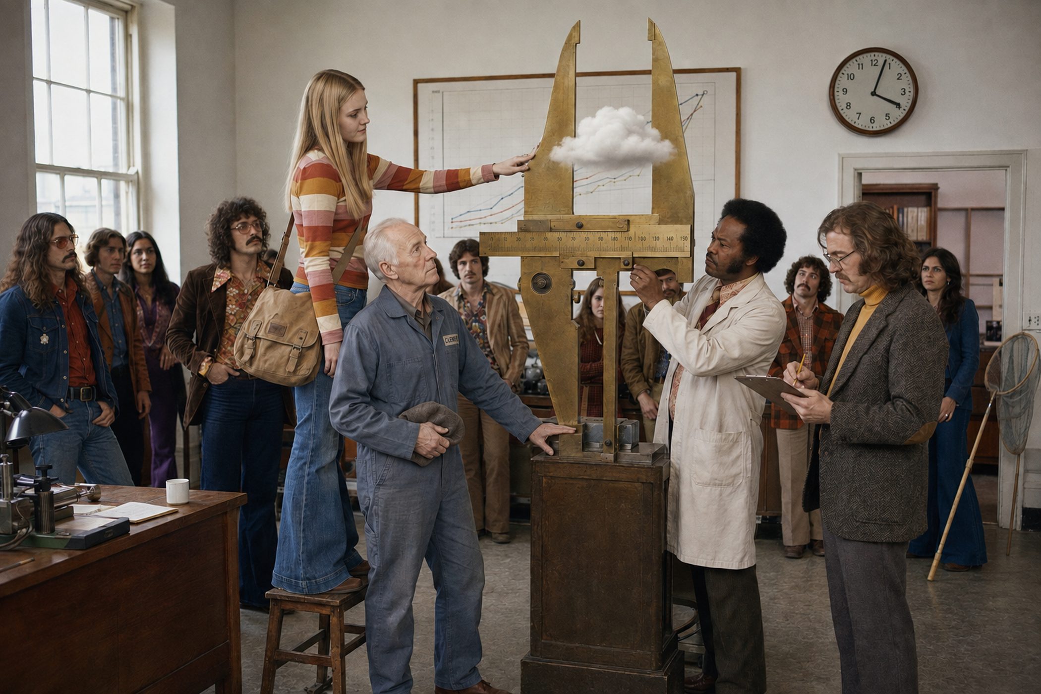 Technicians in a 1974 metrology laboratory calibrating a large brass caliper against a small cloud.