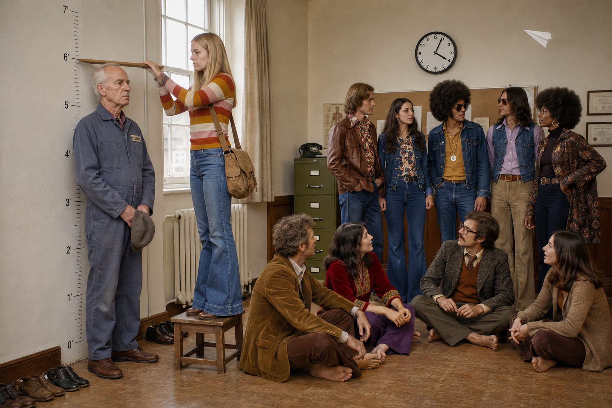 A teenage girl standing on a stool measures an elderly man against a height chart while adults sit on the floor with children.