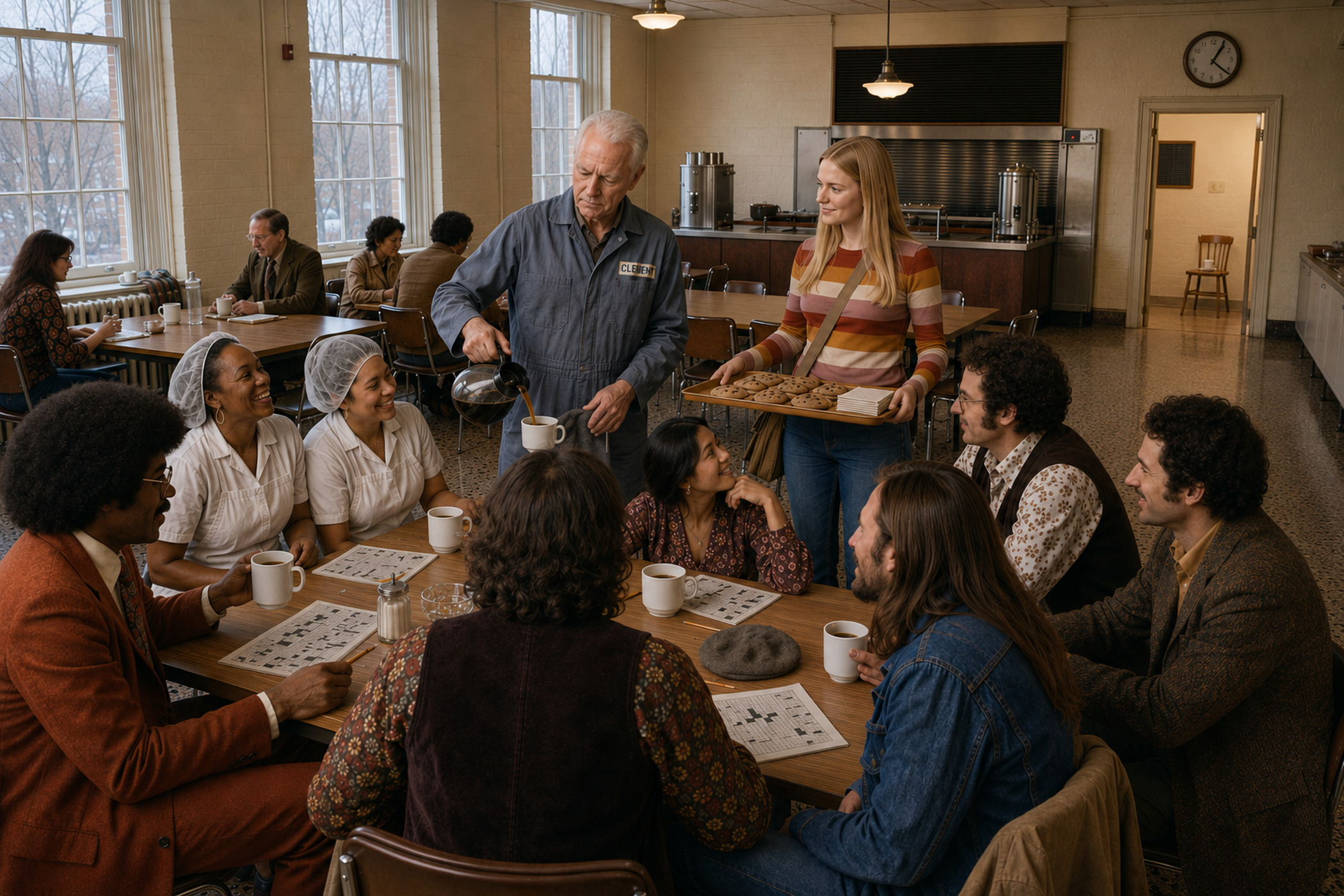 Two adjoining 1974 rooms: one lit, heated and signed but empty; one full of people laughing over completed puzzles.
