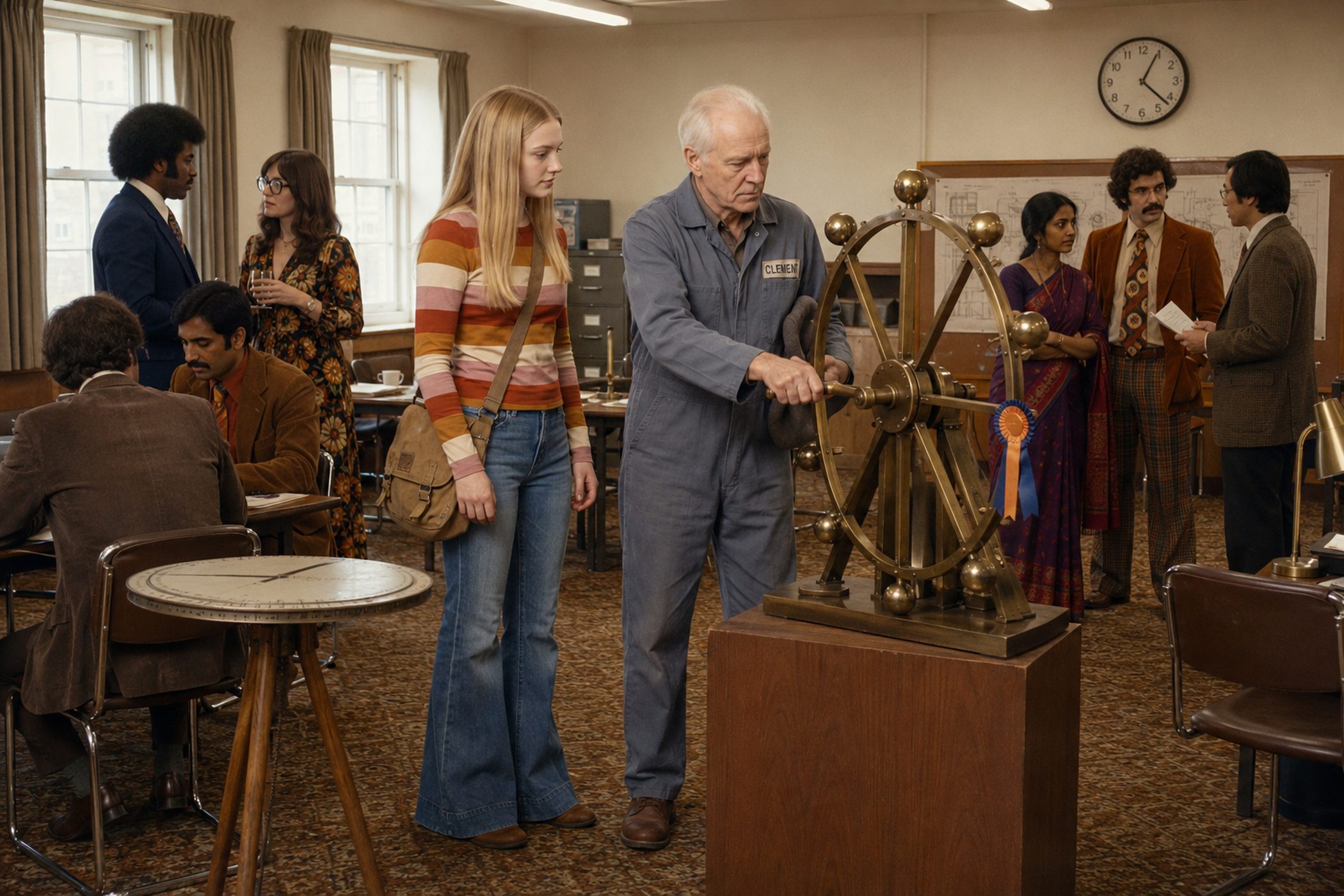 A 1974 lecture room where a flat disc stands on a globe mount and a stopped brass wheel is being wound by hand.