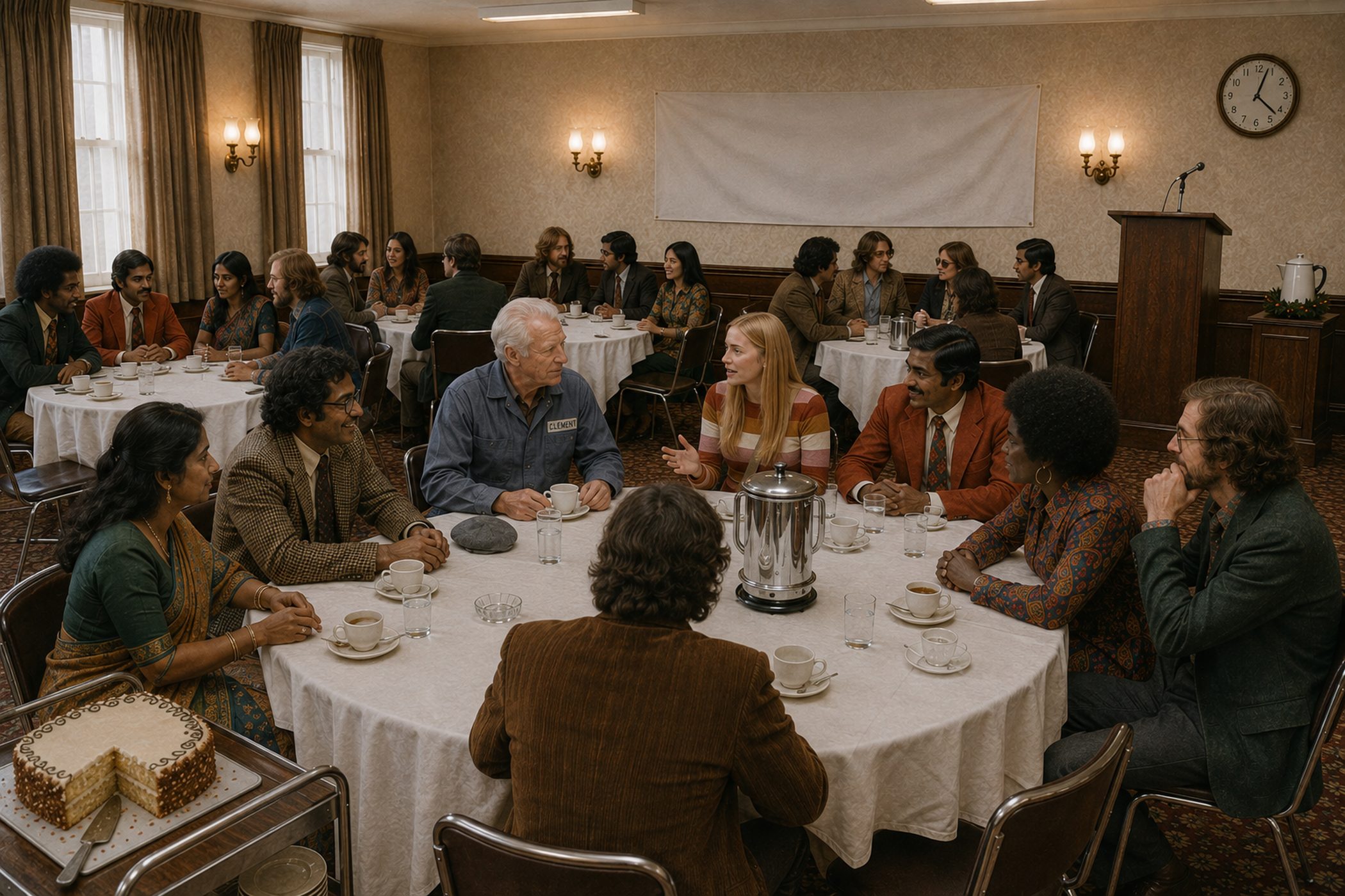 A 1974 hotel function room where every chair faces away from the empty podium and everyone is talking to each other.