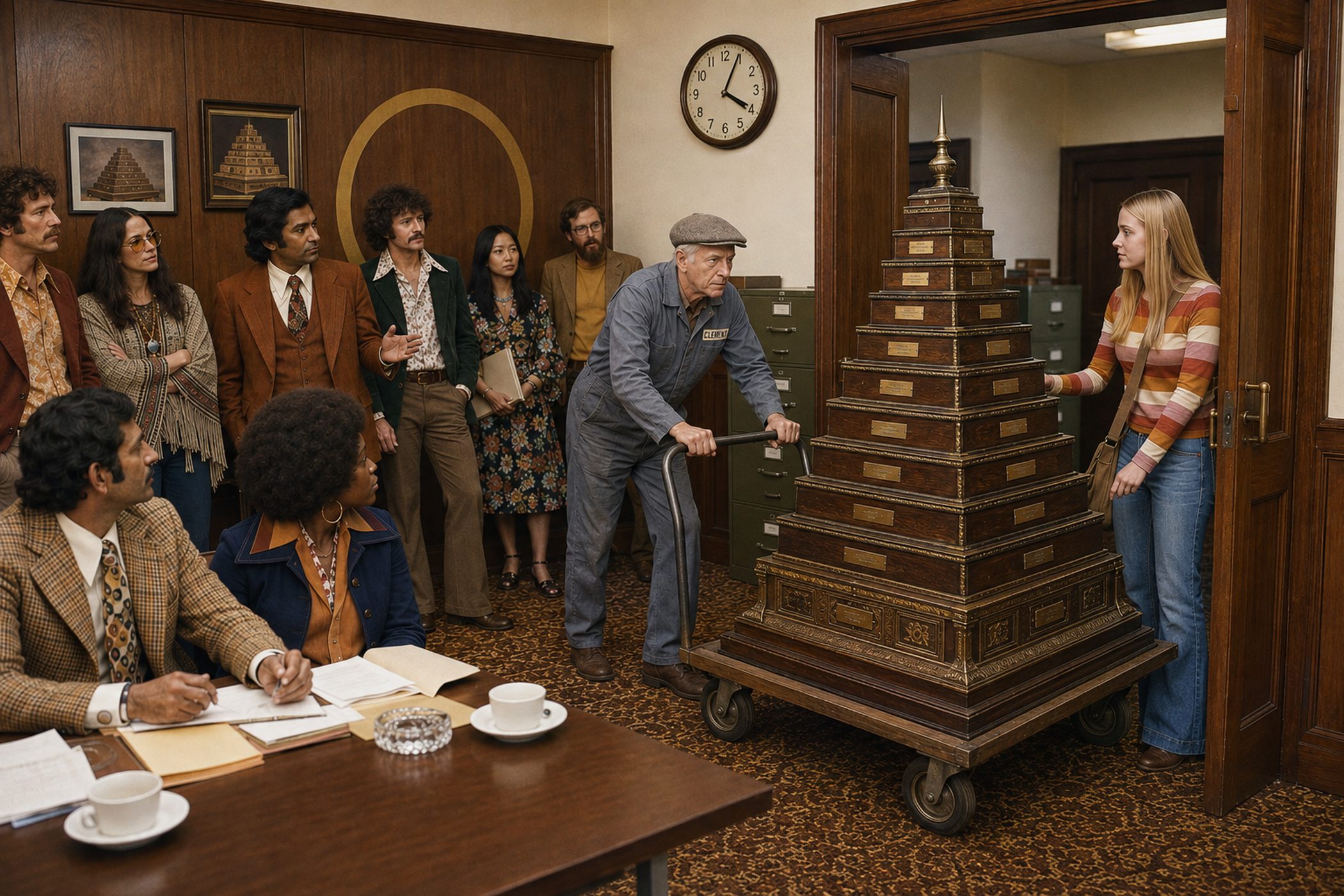 A large wooden pyramid on a trolley being wheeled out of a 1974 committee room, revealing a painted circle on the wall behind.