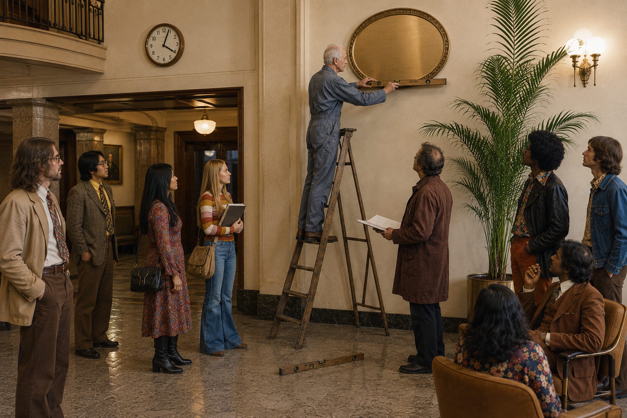 A technician on a stepladder holding a spirit level against a large gilded plaque mounted upside down on a 1974 lobby wall.
