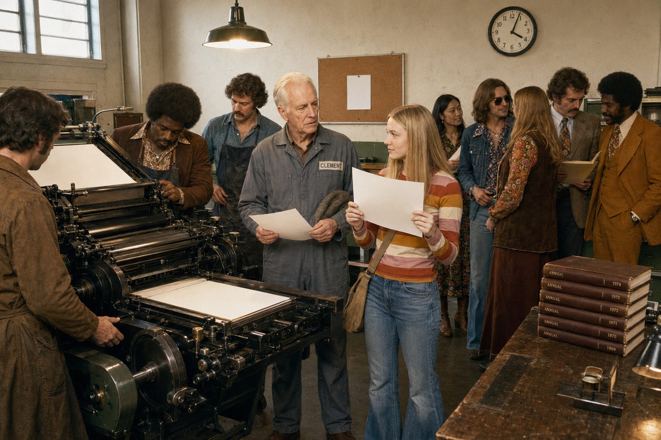 A 1974 print room where compositors inspect sheets coming off the press that are completely blank.