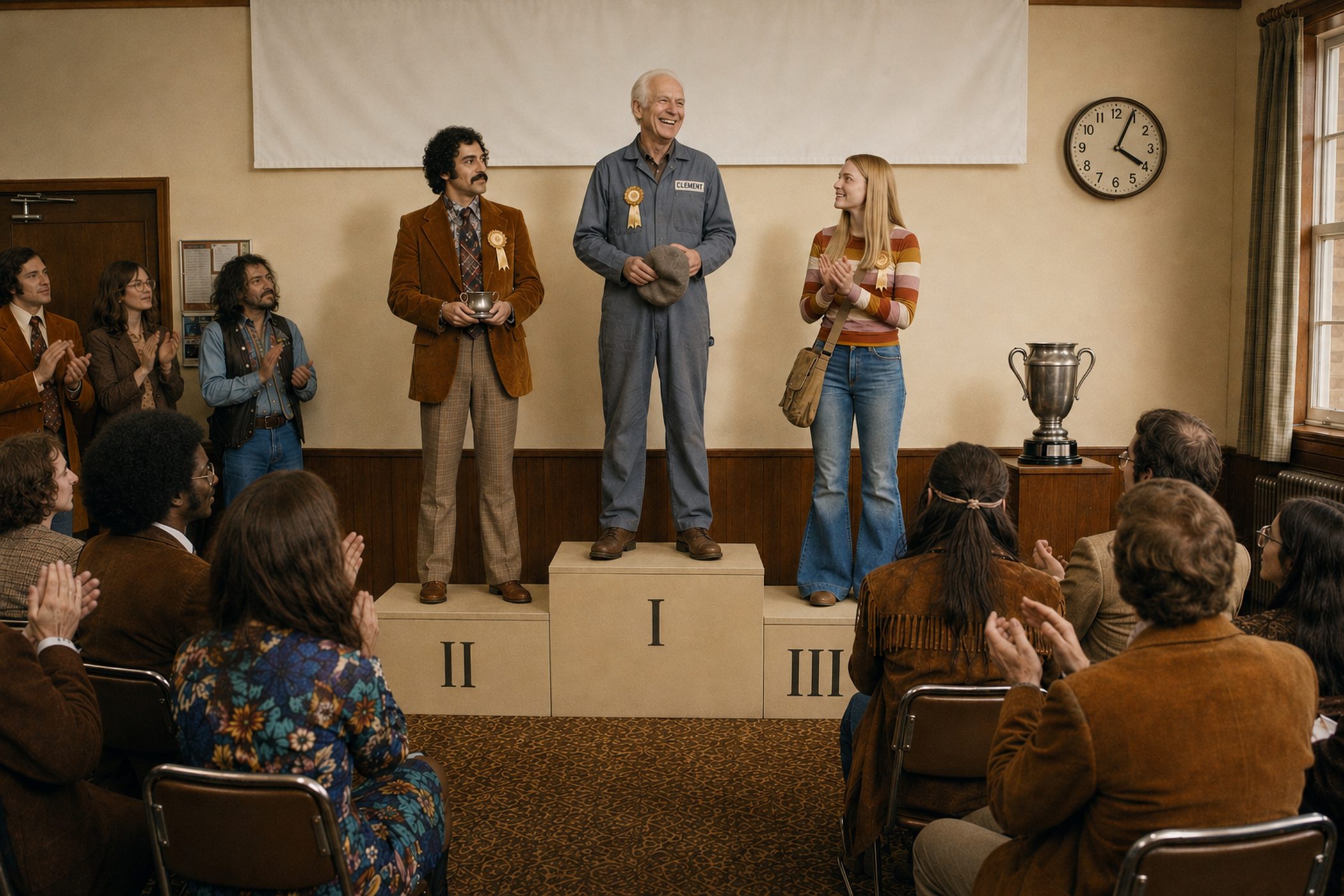 Three recipients on a 1974 winners' podium whose three steps are exactly the same height.