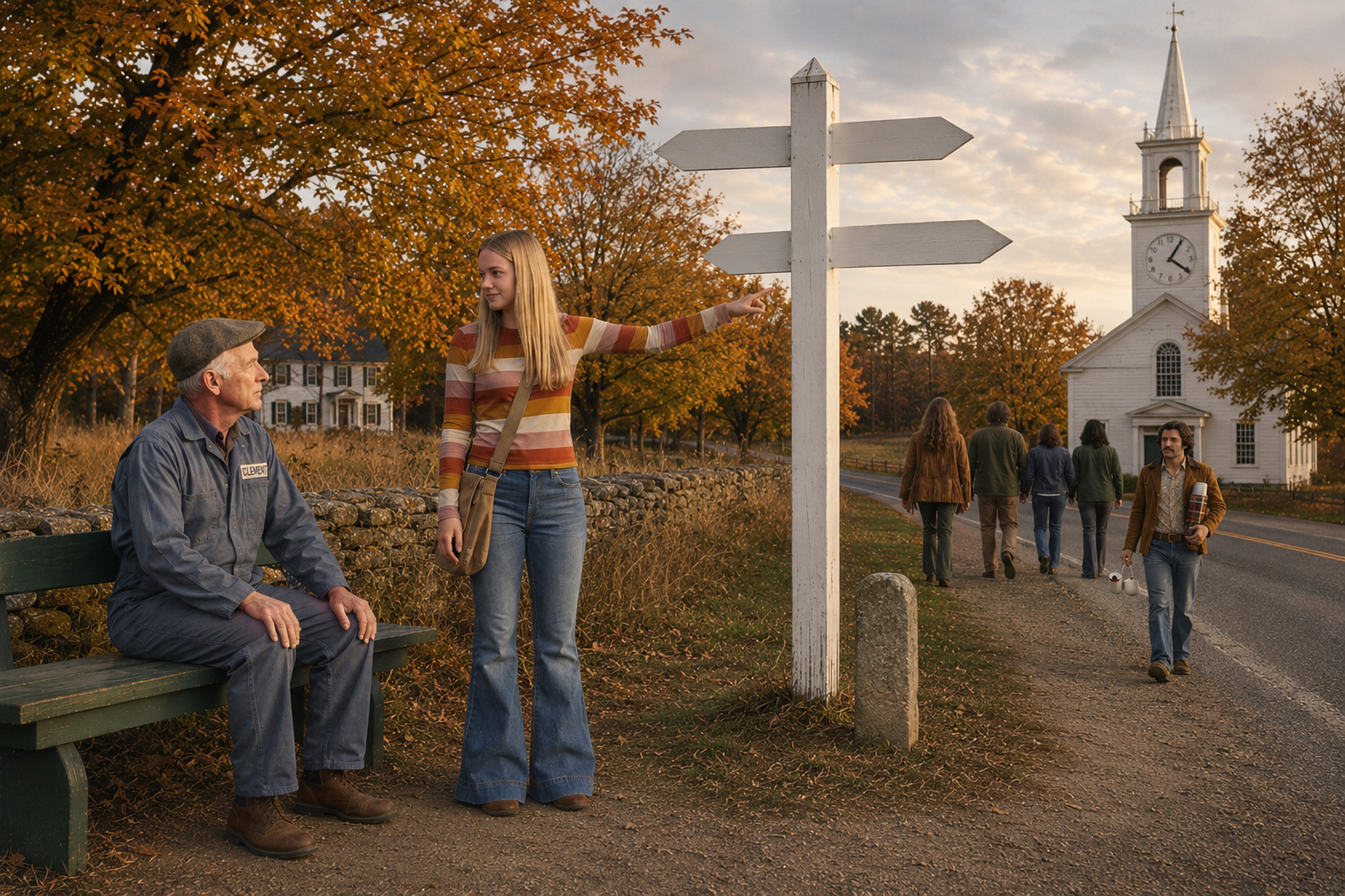 A 1974 rural fingerpost at a crossroads whose every arm points back at its own post.