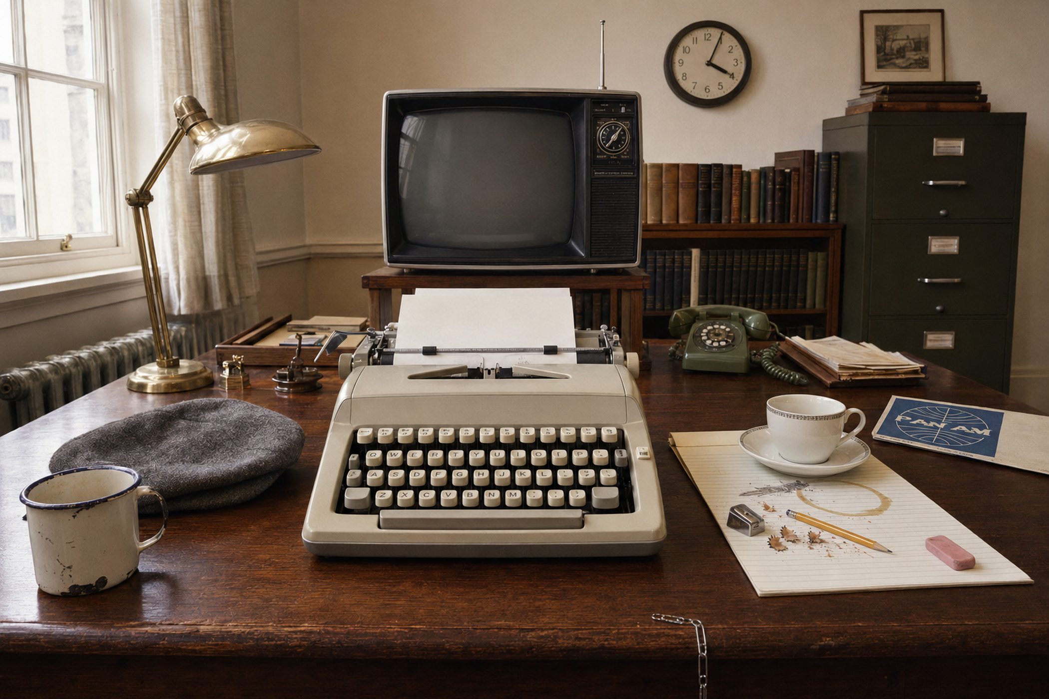 A 1974 desk photographed from the chair: a portable television on a shelf above a typewriter, switched off, with a coffee ring, eraser crumbs and a flat cap left on the desk.